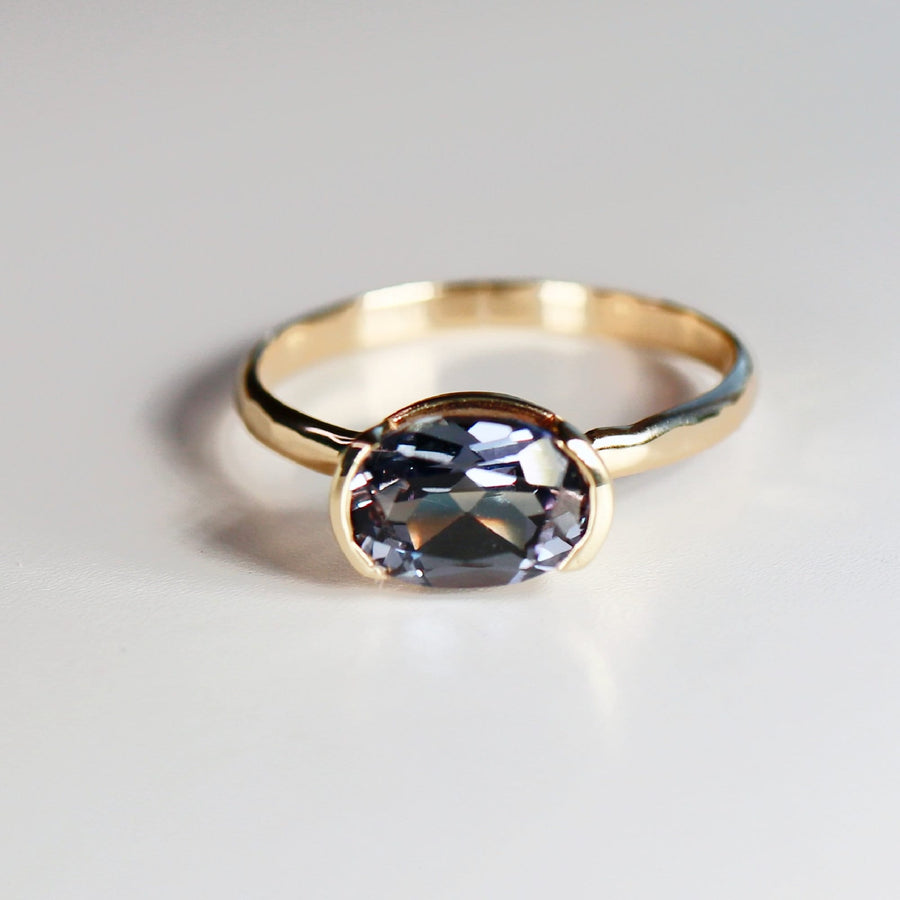 East West Half Bezel Sapphire Engagement Ring 14k Gold, Bezel Set Lab Sapphire Oval Solitaire Ring, Handmade Ring, Statement Jewelry