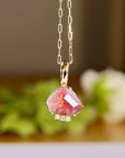 Pink Tourmaline Diamonds Necklace 14k Gold, Rose Cut Pink Tourmaline Pendant, Solid Gold Pink Necklace, October Birthstone
