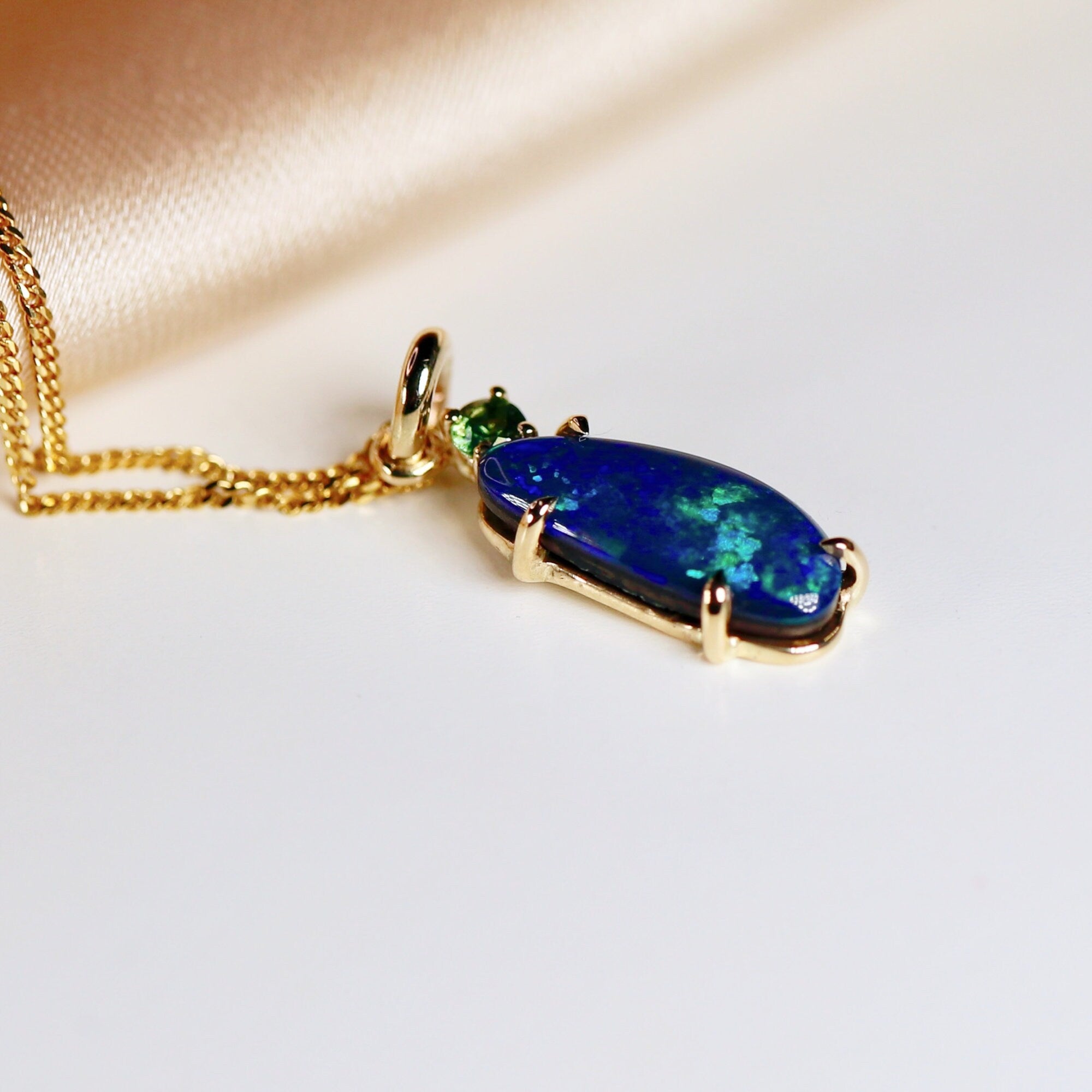 Boulder Opal w Sapphire Pendant 14k Solid Gold, October Birthstone, Gold Blue Fire Opal Necklace, Australian Opal Necklace, Gift For Her