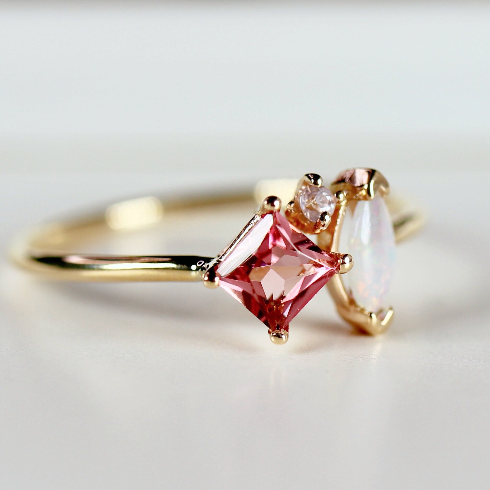 Pink Tourmaline, Opal Cluster Ring 14k Gold,Diamond and Tourmaline Ring, Colorful Engagement Ring, Sapphire, Family Birthstone Ring