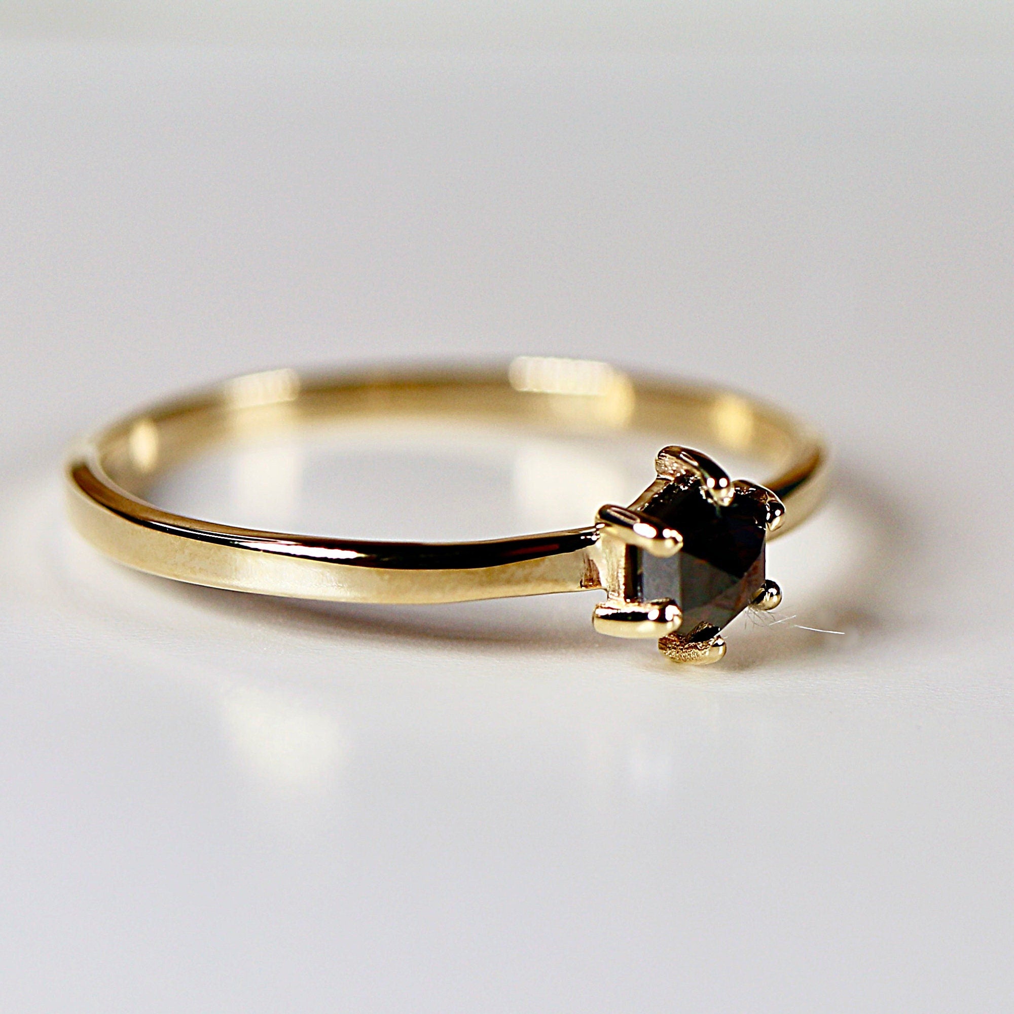 Hexagon Black Diamond Ring, 6 Prong Solitaire Ring, Solid 14k Gold Rustic Diamond Stacking Ring, Proposal Ring, Unique Ring