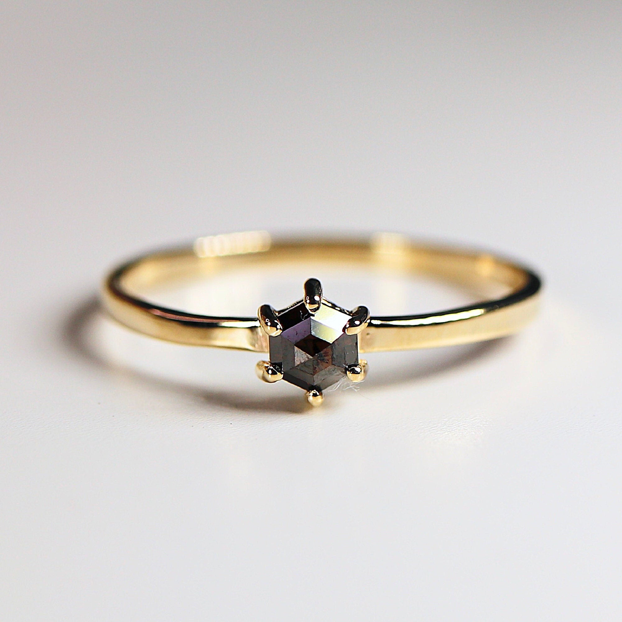 Hexagon Black Diamond Ring, 6 Prong Solitaire Ring, Solid 14k Gold Rustic Diamond Stacking Ring, Proposal Ring, Unique Ring