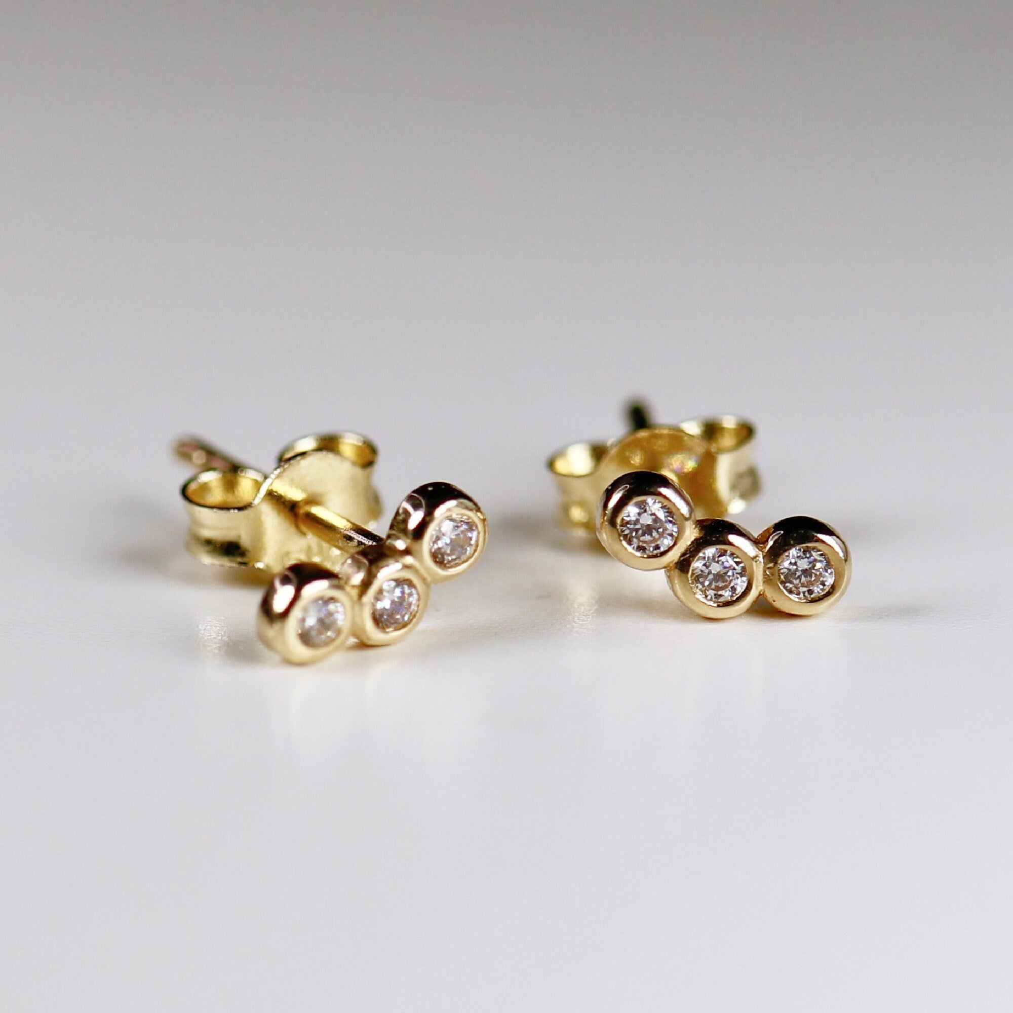 14k Gold 3 Bezel CZ Stud Earrings, Bezel Cluster Earrings, Tiny U Shape Cluster Earrings, Three Stone Cluster Earrings, Single or Pair