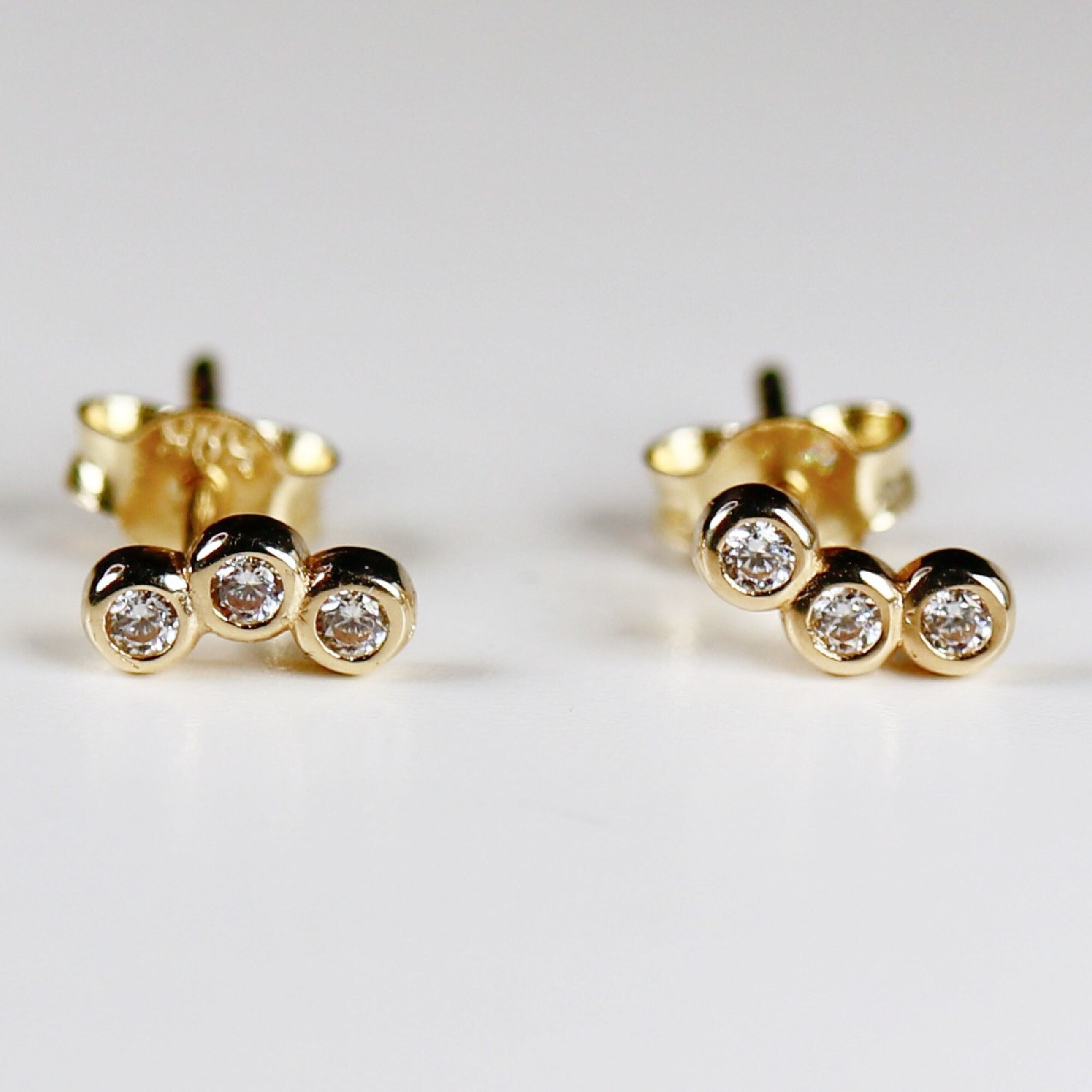 14k Gold 3 Bezel CZ Stud Earrings, Bezel Cluster Earrings, Tiny U Shape Cluster Earrings, Three Stone Cluster Earrings, Single or Pair