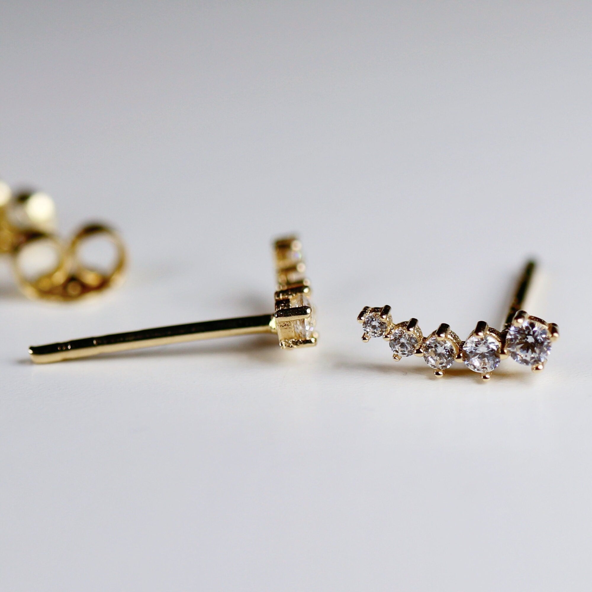 14k Gold 5 CZ Ear Climber Earrings, Cluster Ear Crawler Earrings, Five Stone Cluster Earrings, Single or Pair