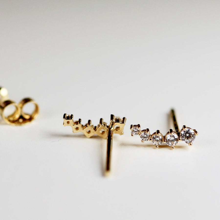 14k Gold 5 CZ Ear Climber Earrings, Cluster Ear Crawler Earrings, Five Stone Cluster Earrings, Single or Pair