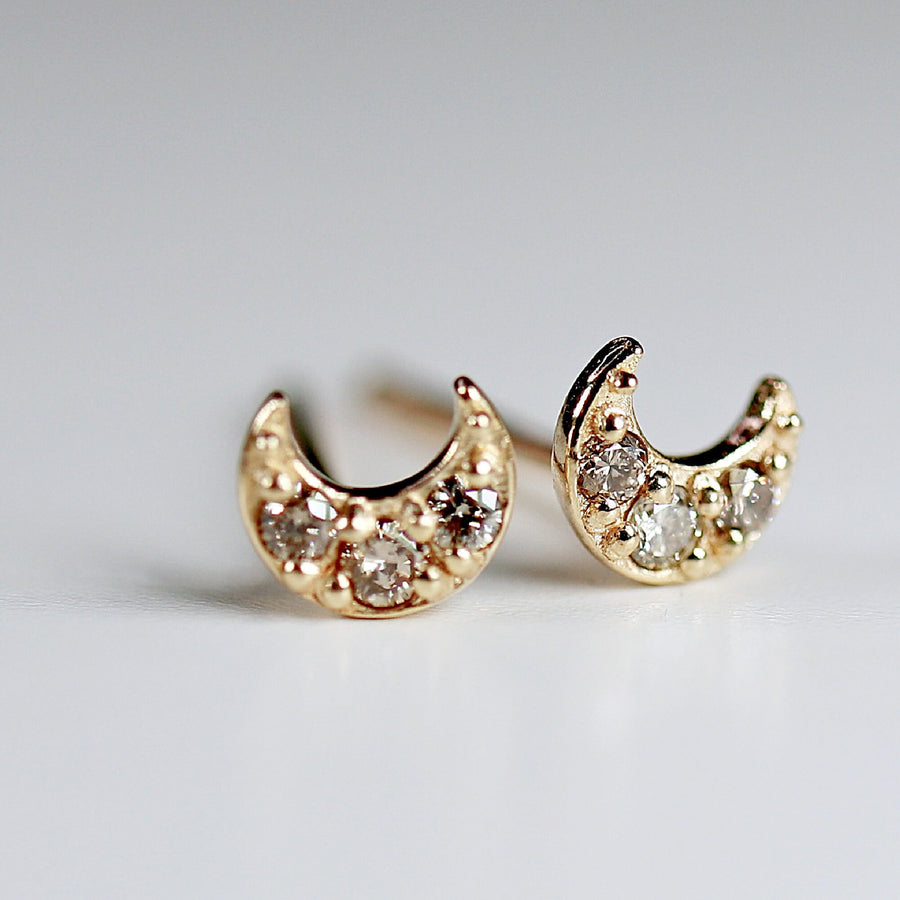 Tiny Sailor Moon Earrings, 14k Solid Gold Sailor Moon Studs, Celestial Jewelry, Champagne Diamond Crescent Moon Stud Earrings, Gift For Her