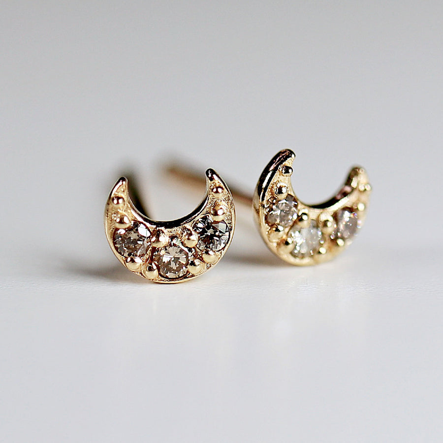 Tiny Sailor Moon Earrings, 14k Solid Gold Sailor Moon Studs, Celestial Jewelry, Champagne Diamond Crescent Moon Stud Earrings, Gift For Her