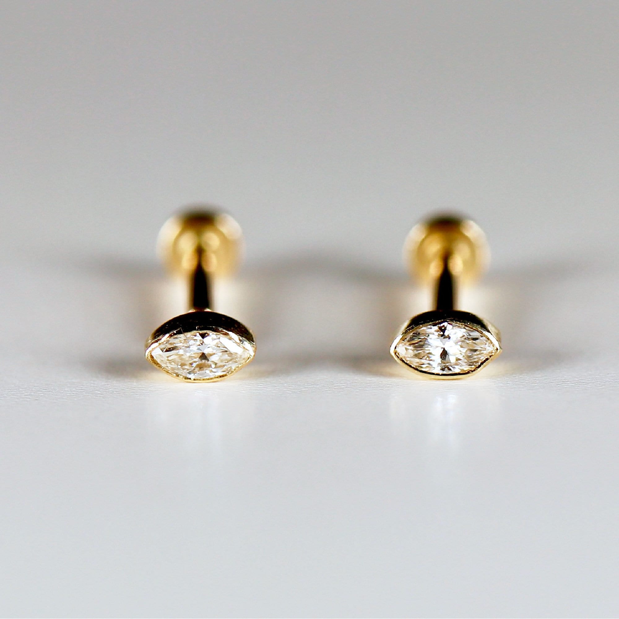 Marquise Diamond Labret Earrings 14k Solid Gold, Tiny Marquise Bezel Set Diamond Flat Back Studs, Minimalist Diamond Studs