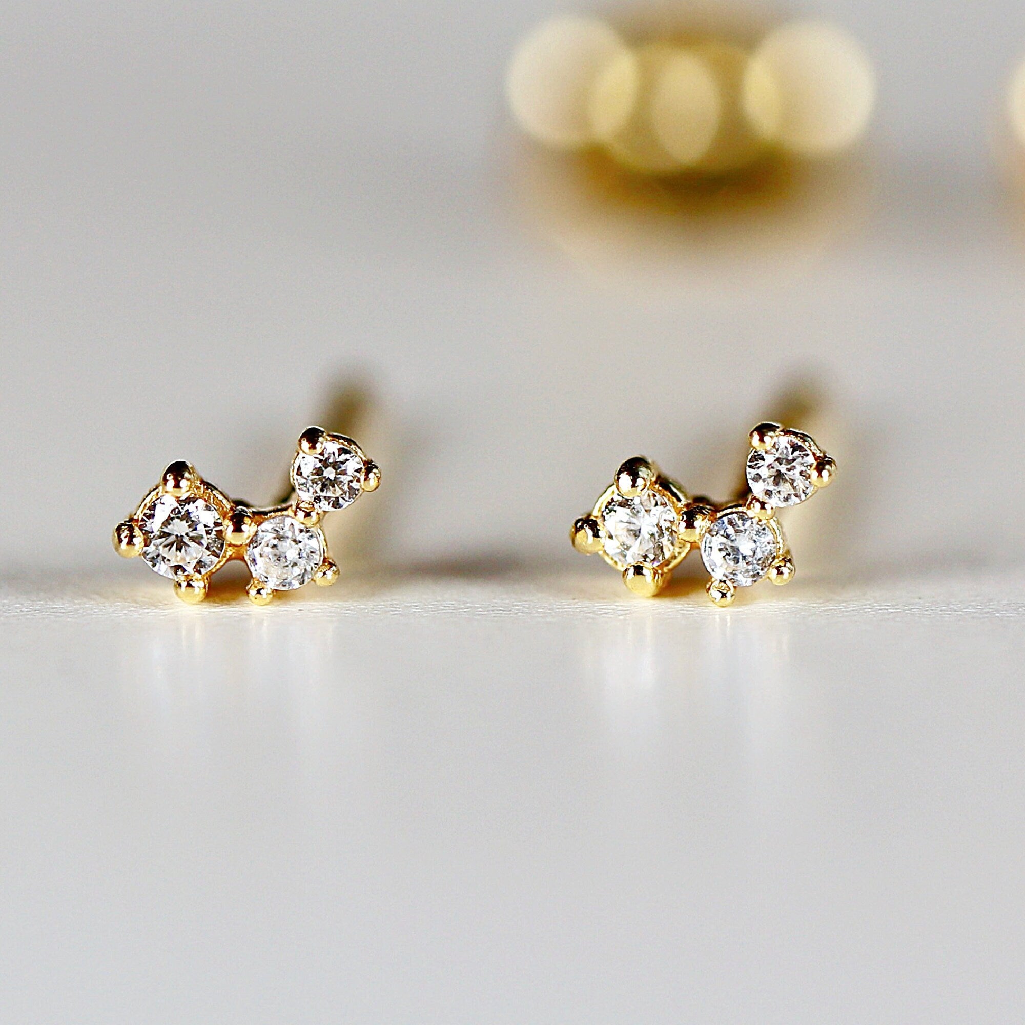 14k Gold 3 Simulated Diamond CZ Stud Earrings, Cluster Earrings, Tiny V Shape Cluster Earrings, Three Stone Cluster Earrings, Single or Pair