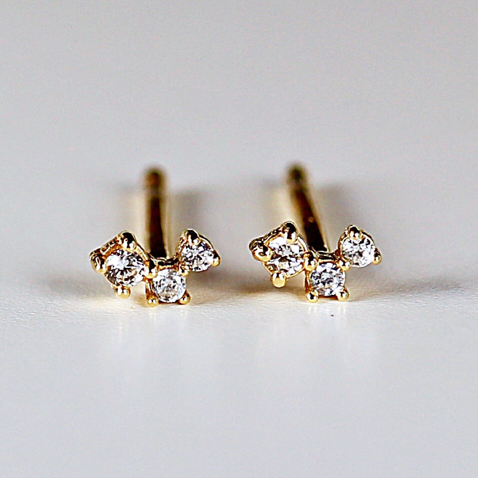 14k Gold 3 Simulated Diamond CZ Stud Earrings, Cluster Earrings, Tiny V Shape Cluster Earrings, Three Stone Cluster Earrings, Single or Pair