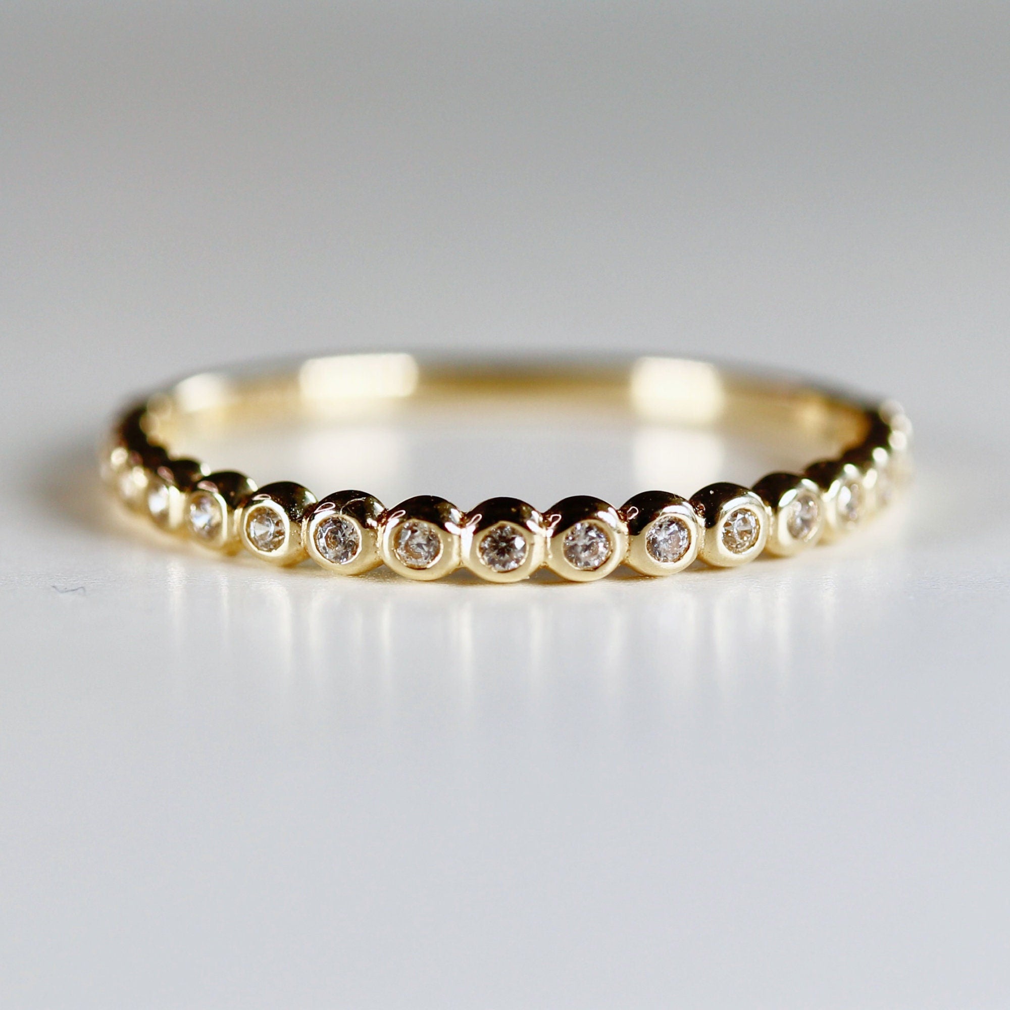 Bezel Half Eternity Stacking Ring 14k Solid Gold, Eternity Wedding Band, Cz Stackable Gold Ring, Minimalist Thin Band, Gift For Wife