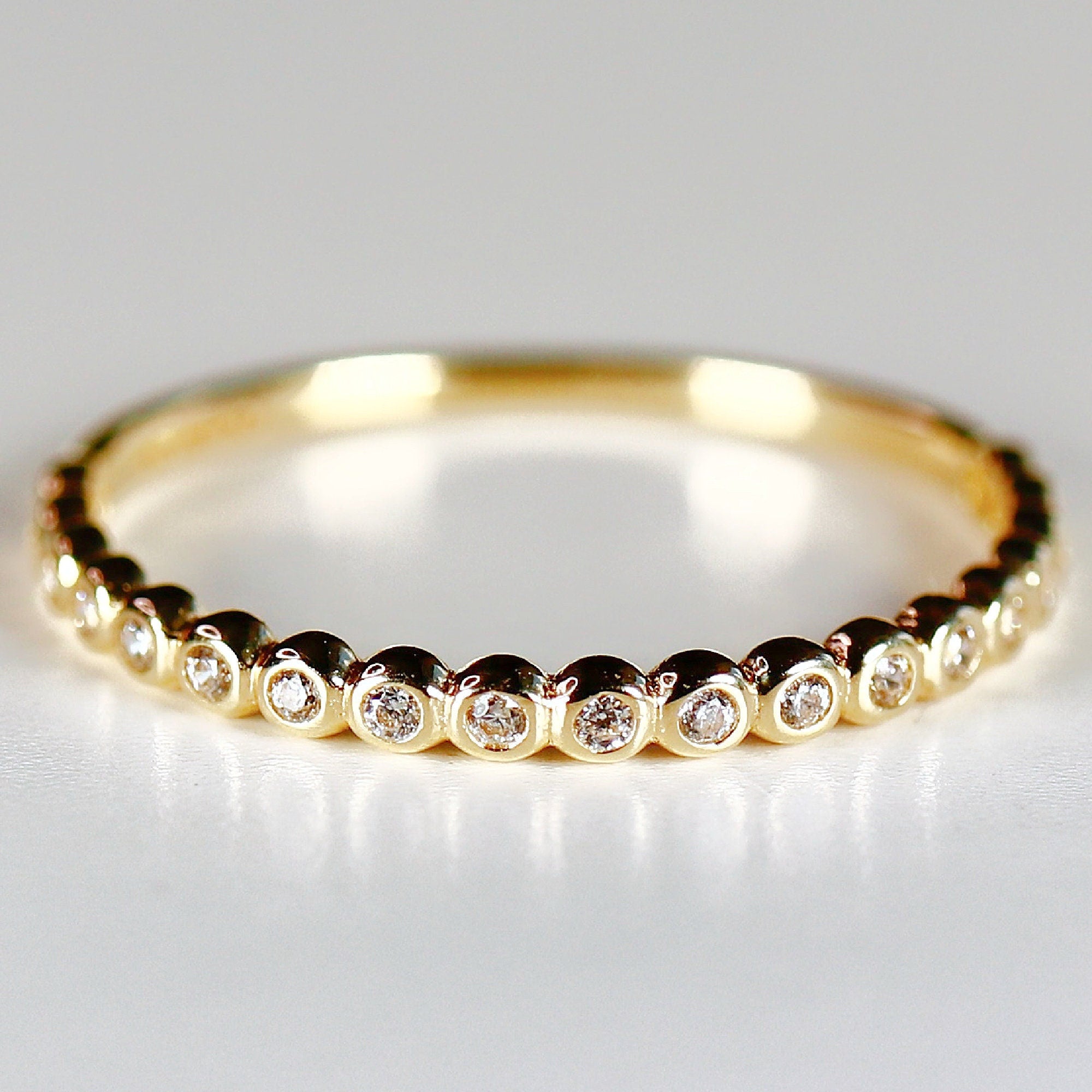 Bezel Half Eternity Stacking Ring 14k Solid Gold, Eternity Wedding Band, Cz Stackable Gold Ring, Minimalist Thin Band, Gift For Wife