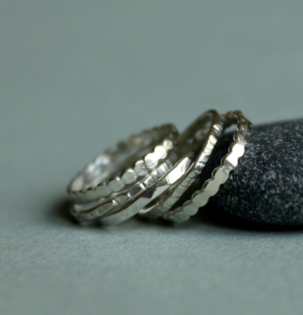 Stackable Ring Set of Five, Hammered and Textured Silver Rings, Simple Skinny Stacking Ring Set