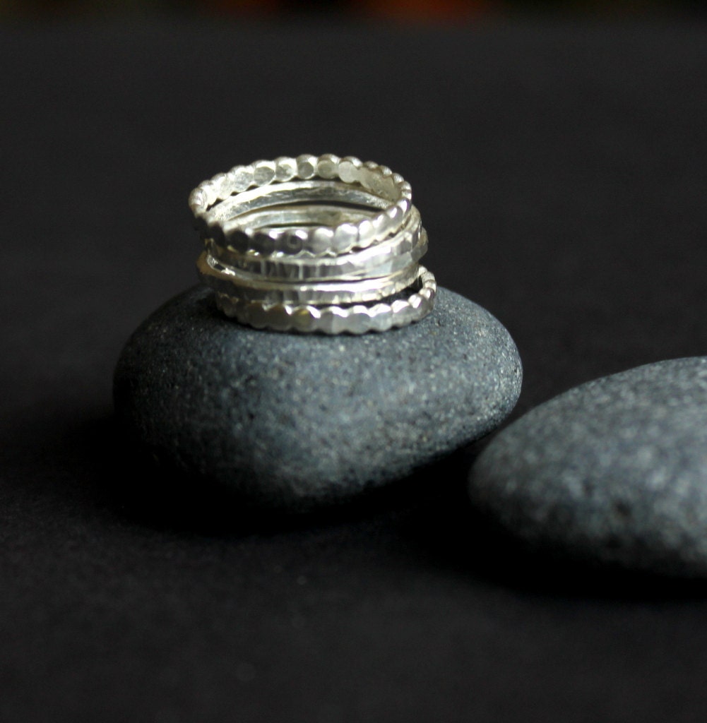 Stackable Ring Set of Five, Hammered and Textured Silver Rings, Simple Skinny Stacking Ring Set