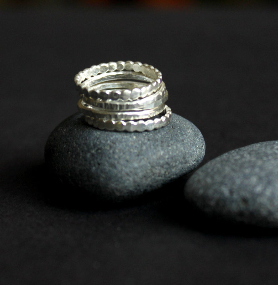 Stackable Ring Set of Five, Hammered and Textured Silver Rings, Simple Skinny Stacking Ring Set