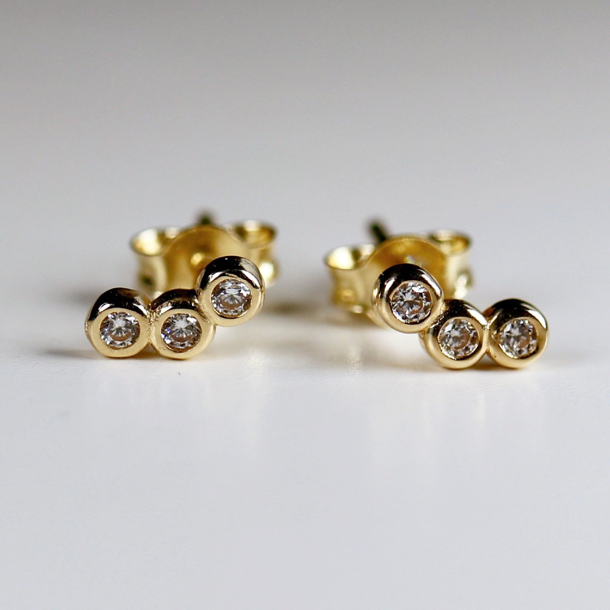 14k Gold 3 Bezel CZ Stud Earrings, Bezel Cluster Earrings, Tiny U Shape Cluster Earrings, Three Stone Cluster Earrings, Single or Pair