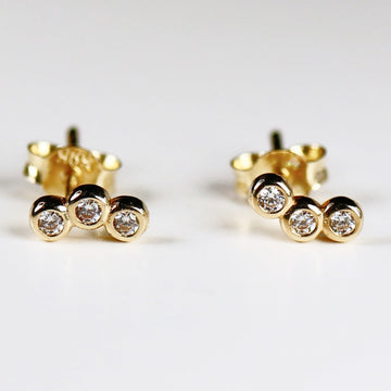 14k Gold 3 Bezel CZ Stud Earrings, Bezel Cluster Earrings, Tiny U Shape Cluster Earrings, Three Stone Cluster Earrings, Single or Pair