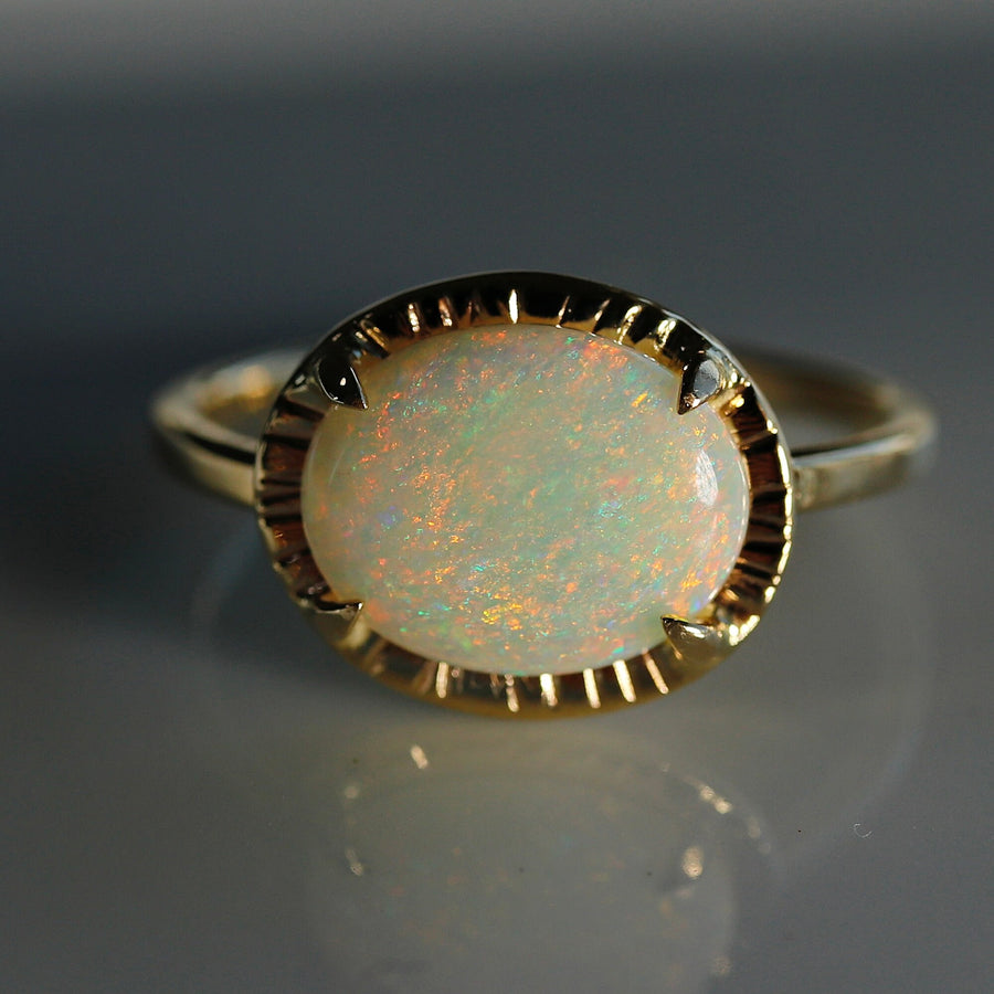 Australian Opal Ring 14k Solid Gold, Handmade East West Ring, Oval Opal Engagement Ring, October Birthstone Ring, Anniversary Ring