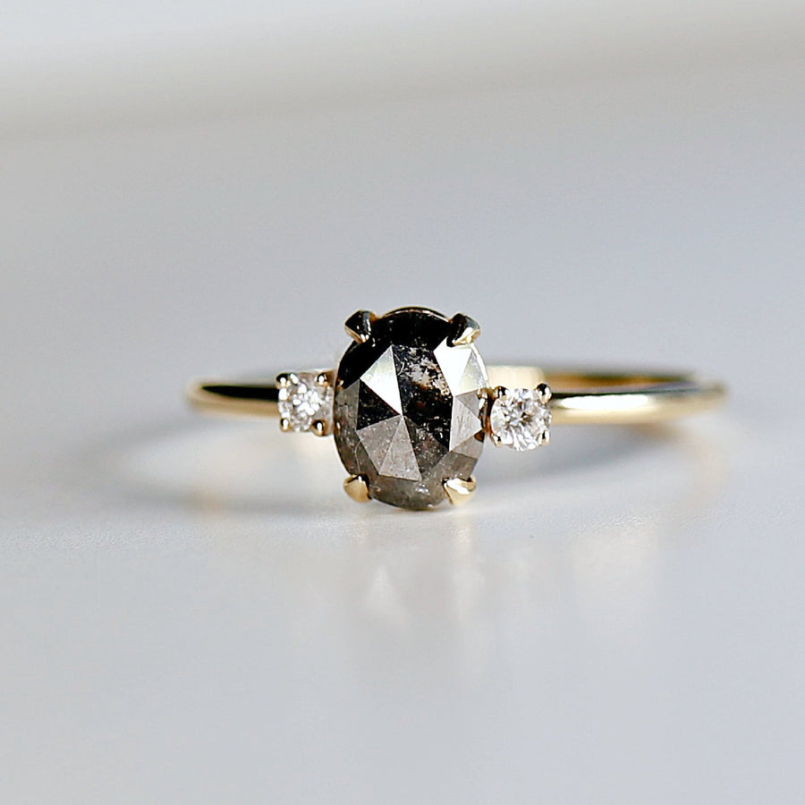 Oval Salt and Pepper Diamond Ring 14k Gold, Anniversary Gift, Black Diamond Ring, Three Stone Ring, Unique Marquise Engagement Ring