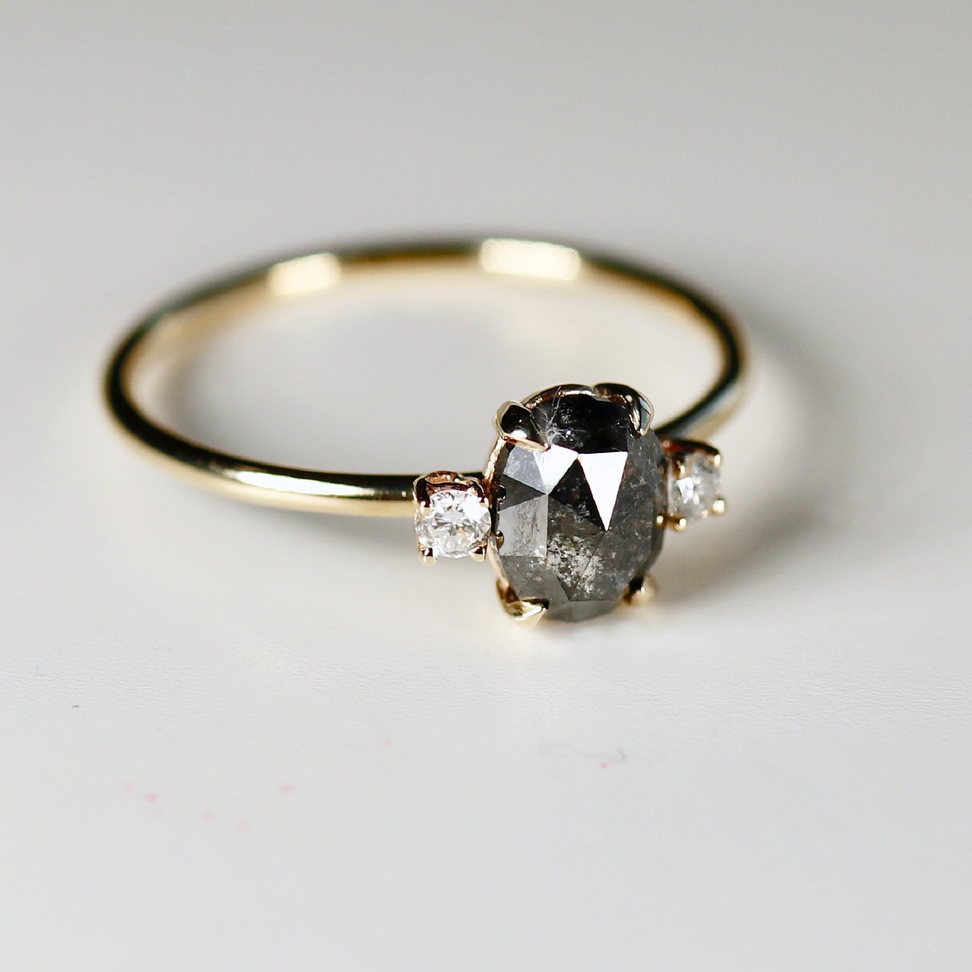 Oval Salt and Pepper Diamond Ring 14k Gold, Anniversary Gift, Black Diamond Ring, Three Stone Ring, Unique Marquise Engagement Ring