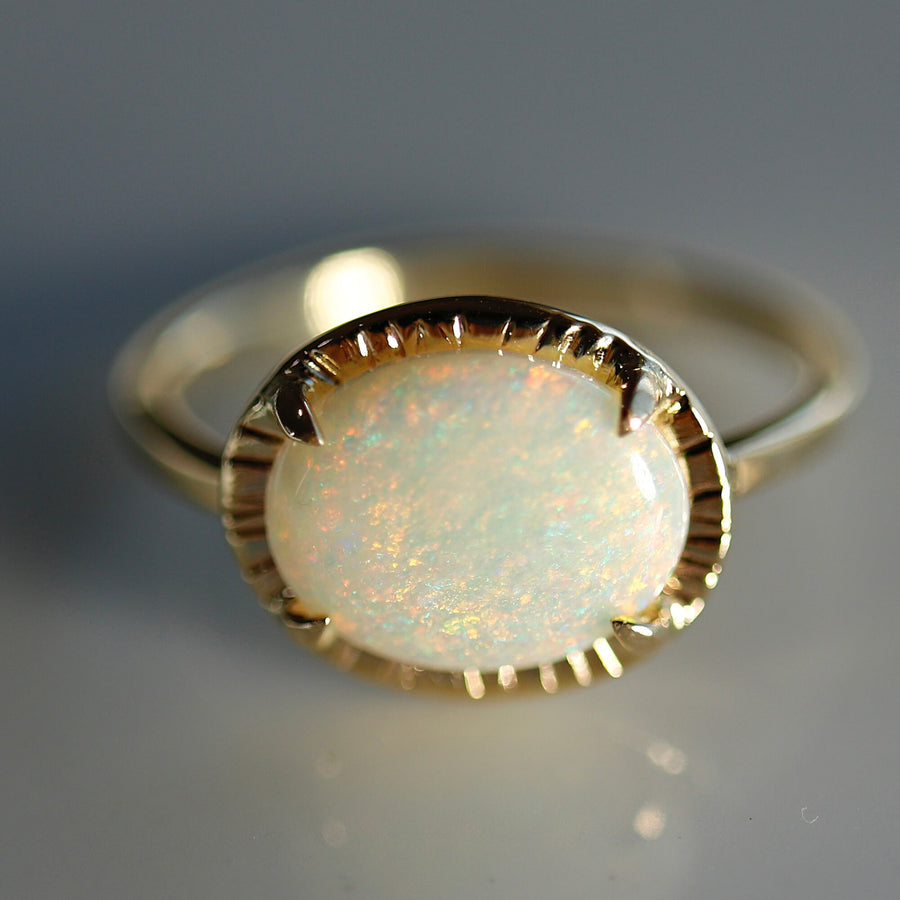 Australian Opal Ring 14k Solid Gold, Handmade East West Ring, Oval Opal Engagement Ring, October Birthstone Ring, Anniversary Ring