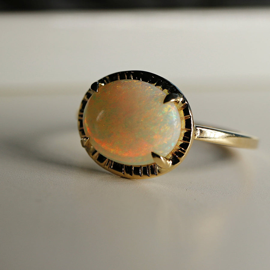 Australian Opal Ring 14k Solid Gold, Handmade East West Ring, Oval Opal Engagement Ring, October Birthstone Ring, Anniversary Ring