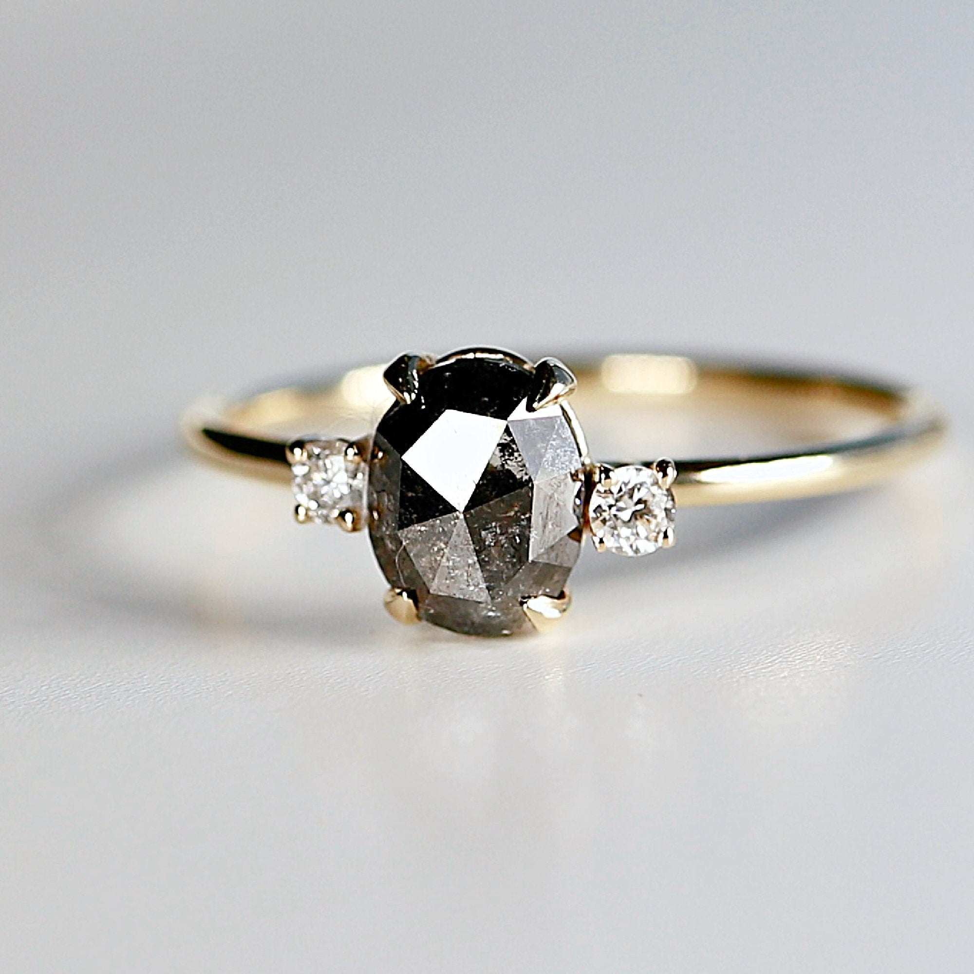 Oval Salt and Pepper Diamond Ring 14k Gold, Anniversary Gift, Black Diamond Ring, Three Stone Ring, Unique Marquise Engagement Ring