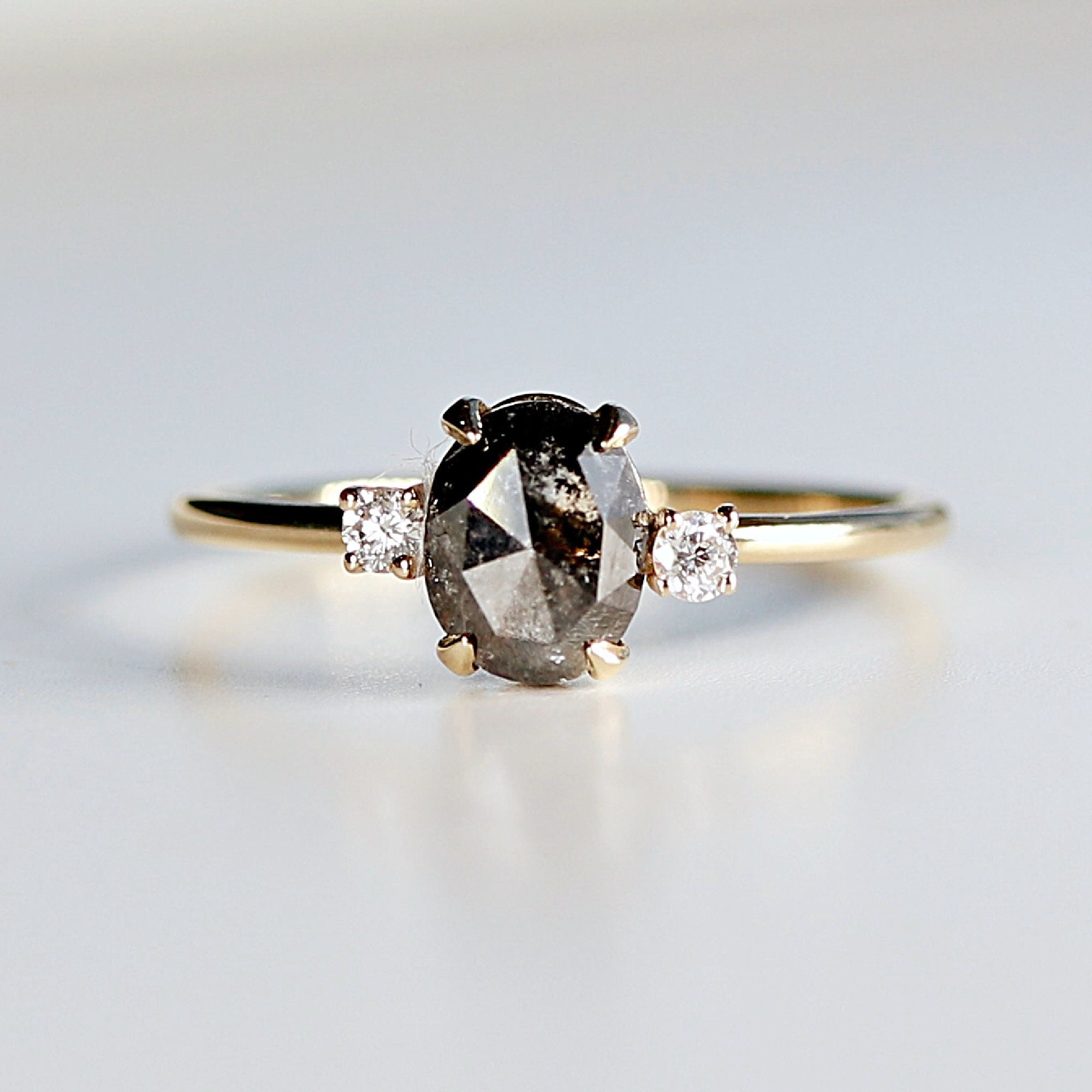 Oval Salt and Pepper Diamond Ring 14k Gold, Anniversary Gift, Black Diamond Ring, Three Stone Ring, Unique Marquise Engagement Ring