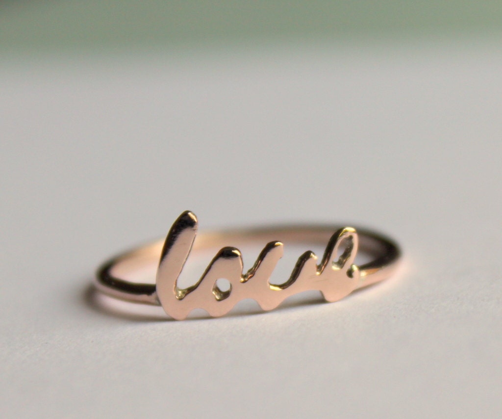 14k Gold Love Ring, Script Love Ring